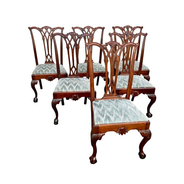 French Antique Chippendale Carved Ball and Claw Foot Upholstered Dining Chairs- A Set of 6 For Sale - Image 3 of 12