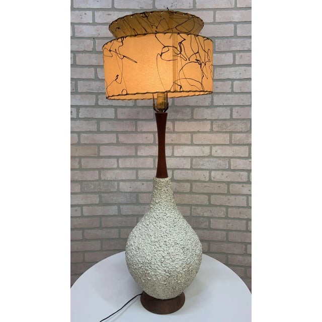 Cream Mid Century-Modern Teak Popcorn Table Lamps - Pair For Sale - Image 8 of 12
