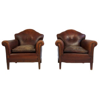 Pair of 1920s European Leather Lounge Chairs For Sale