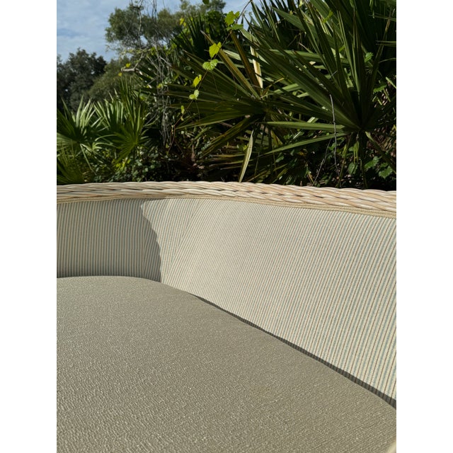 Wood Wicker Loveseat With Red, White & Blue Stripe Upholstery For Sale - Image 7 of 9