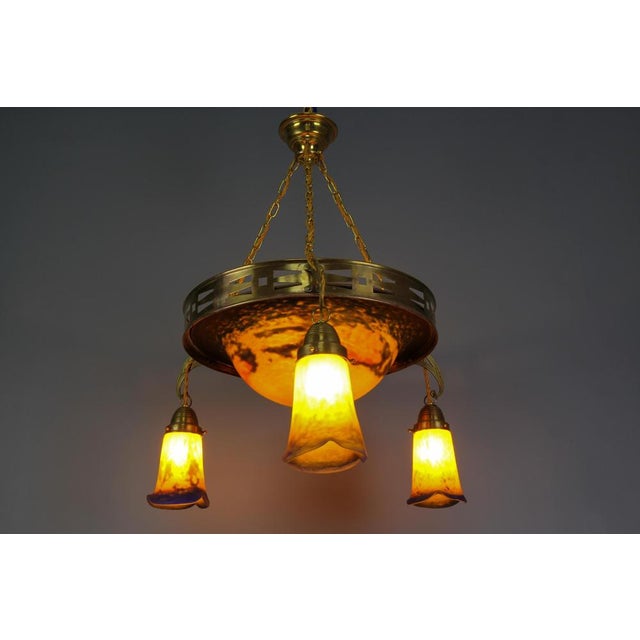 Art Nouveau French Brass Chandelier with Pâte De Verre Glass by Noverdy, 1920s For Sale - Image 3 of 18
