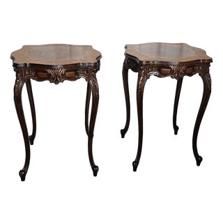 1920s Pair of French Louis XV Style Side Tables, Wooden Inlaid Design For Sale