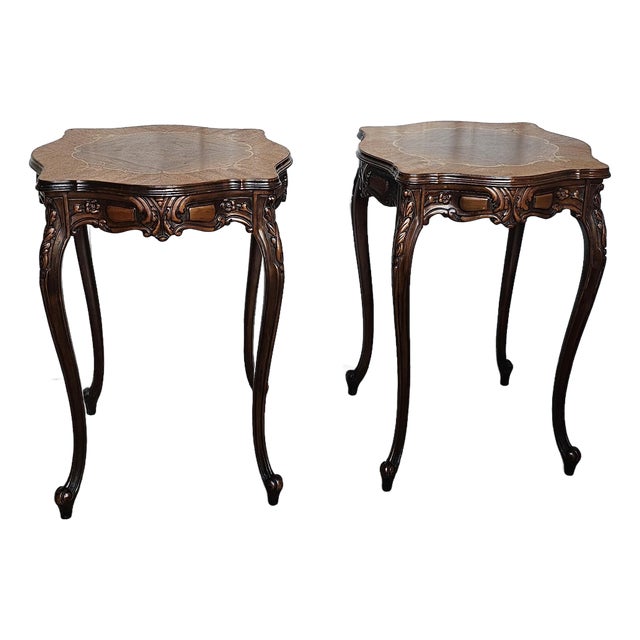 1920s Pair of French Louis XV Style Side Tables, Wooden Inlaid Design For Sale