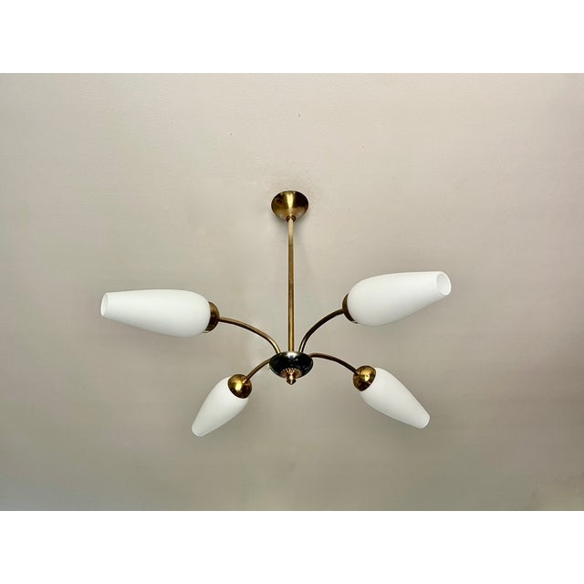 Metal Chandelier with Four Tulips by Arlus, 1950 For Sale - Image 7 of 9