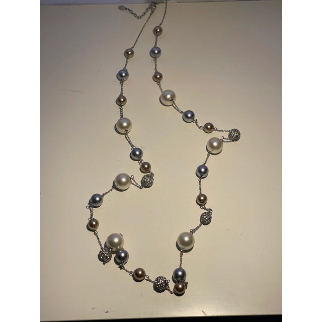 English Long Grey/Beige/Cz Pearl Rope Necklace For Sale - Image 3 of 3