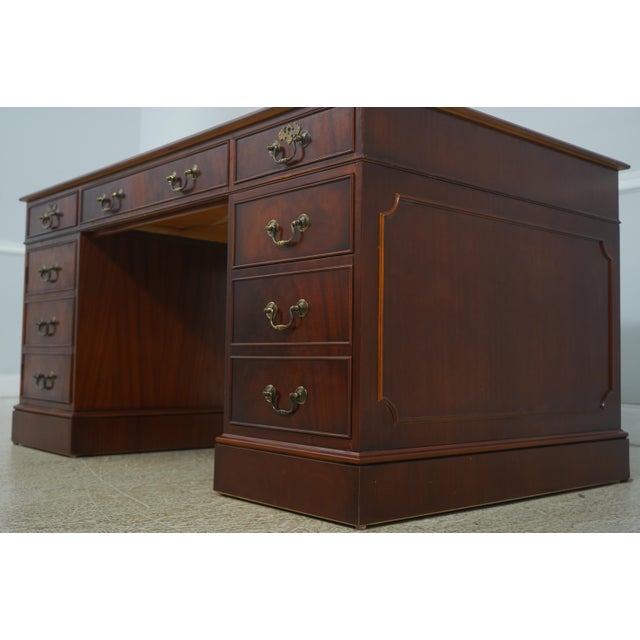 English Leather Top 3 Part Executive Partners Desk For Sale - Image 11 of 18