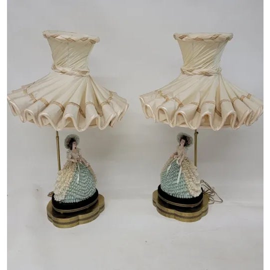 Antique Victorian Dresden Porcelain Lace Lady Boudoir Lamps - Pair Stunningly Elegant Pair of Antique Provincial Dresden...