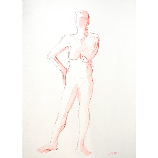 Deep Red Standing Female Nude Watercolor Painting For Sale - Image 6 of 6