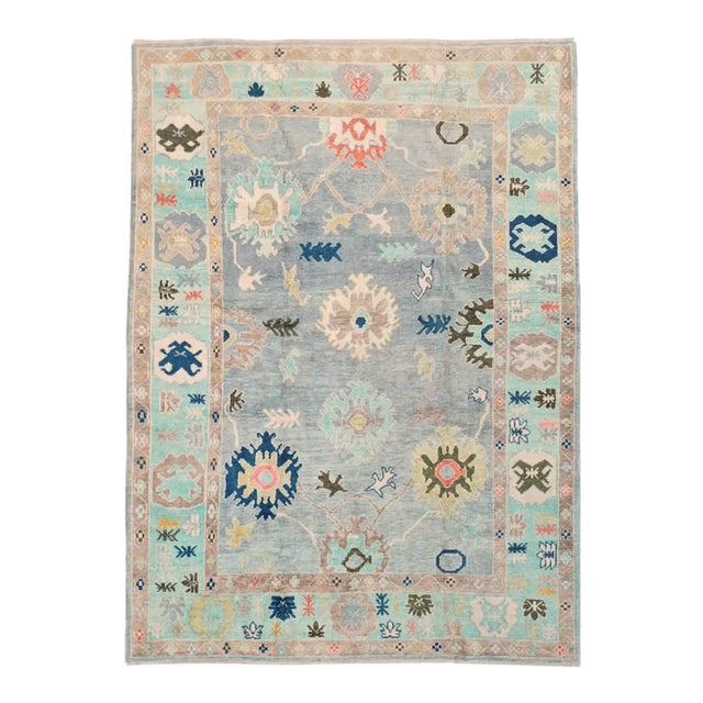 Turkish Oushak Rug in Soft Gray With Turquoise Border and Floral Motifs, 9' X 12' For Sale