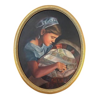 1990s Oil Painting the Quilter Portrait Signed Oval Gold Frame For Sale