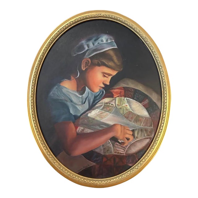 1990s Oil Painting the Quilter Portrait Signed Oval Gold Frame For Sale