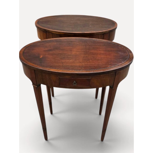 1920 English Sheraton Mahogany Leather Top Side/Sofa Tables, American Made. For Sale - Image 9 of 16