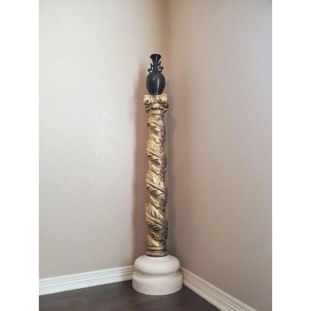 19th C. French Architectural Spiral Turned Carved Gilt Wood Ionic Column Now Sculptural Pedestal Stand For Sale - Image 4 of 12
