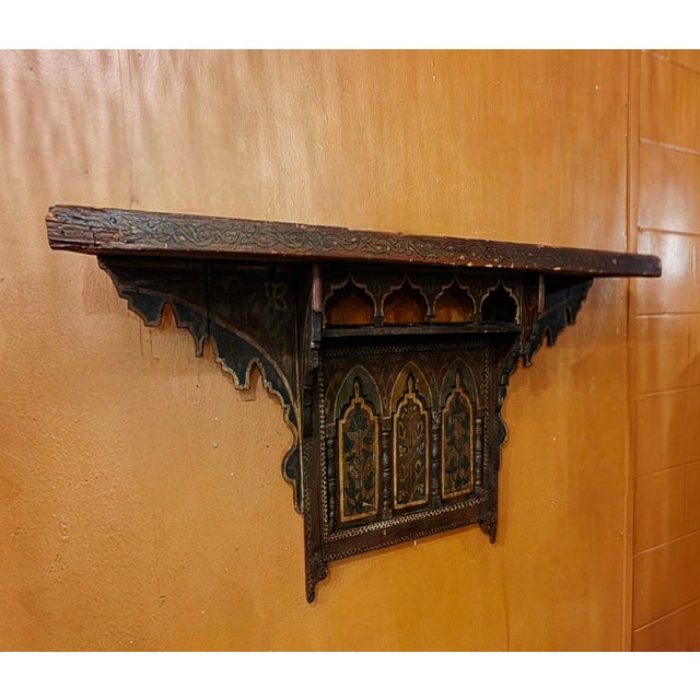 Moroccan Vintage Moroccan Hand-Carved and Hand-Painted Wooden Wall Shelf For Sale - Image 3 of 12