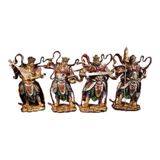 Set of 4 Gilt Bronze Guardian King Statues With Polychrome Enamel For Sale