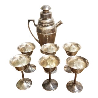 1920s Apollo Bernard Rice's Sons Art Deco Vintage Nickel Silver Hammered Cocktail Shaker & 6 Cocktail Stems For Sale