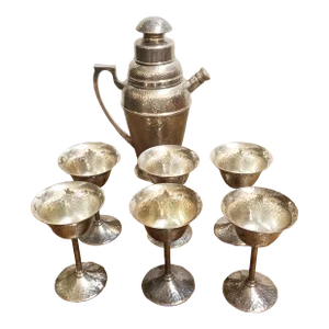 1920s Apollo Bernard Rice's Sons Art Deco Vintage Nickel Silver Hammered Cocktail Shaker & 6 Cocktail Stems