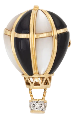 Hot Air Ballon Pendant Vintage Diamond Mop Onyx 14k Yellow Gold Brooch Jewelry