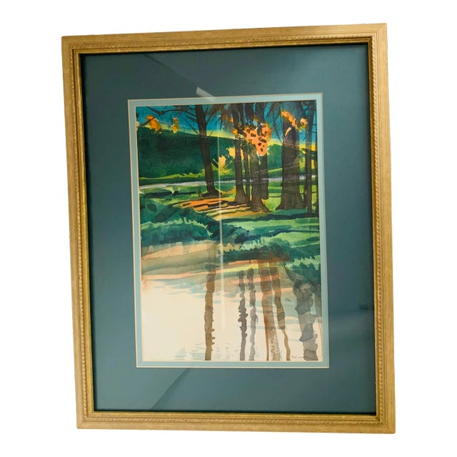 Vintage Watercolor ‘Trees, Water’ Artist Signed, Framed For Sale