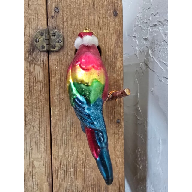 Hot Pink Vintage Hand-Blown Glass Tropical Parrot in Santa Hat Christmas Ornament For Sale - Image 8 of 12