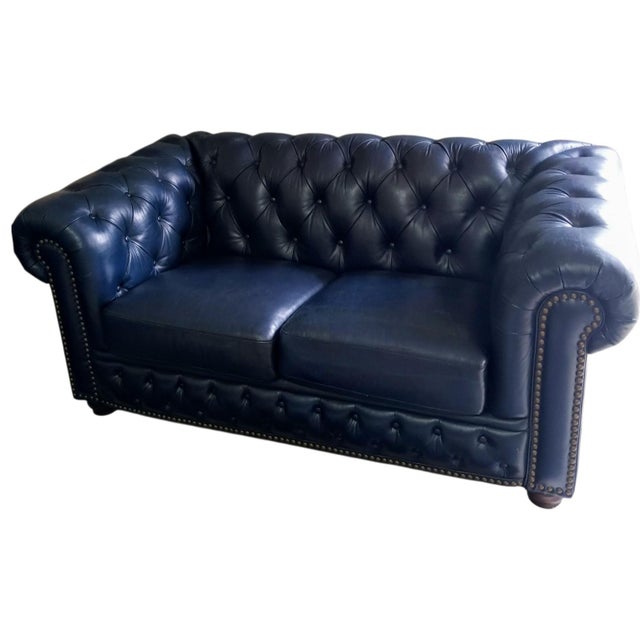 Elevate Your Living Space With These Navy Chesterfield Genuine Leather Sofa and Loveseat Set For Sale In Raleigh - Image 6 of 12