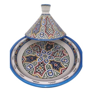 Classic Cobalt Blue and White Fes Ceramic Tagine With Arabesque Motifs For Sale