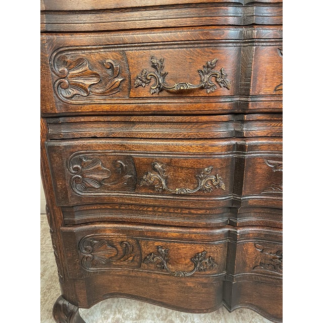Brass Vintage French Oak Chest of Drawers With Serpentine Drawer Fronts For Sale - Image 8 of 11