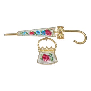 Vintage Petit Point Parasol & Purse Brooch, 1950’s For Sale