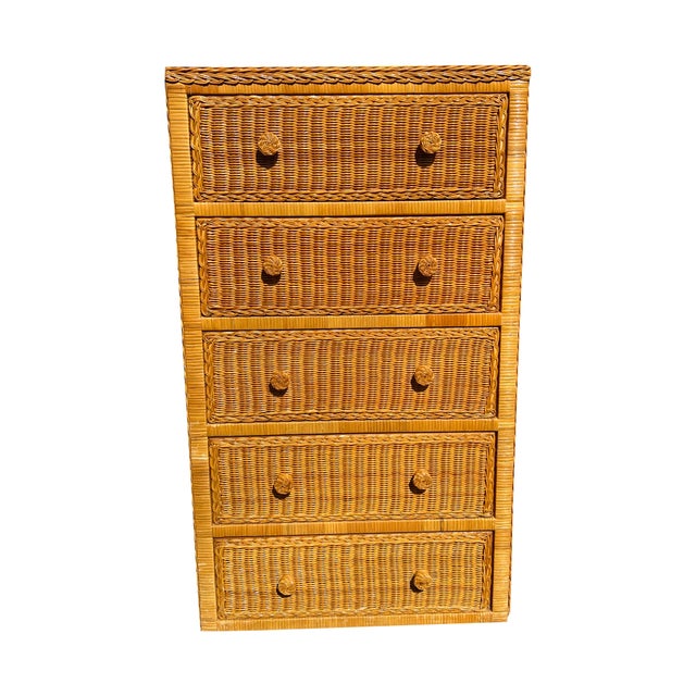 Vintage wicker tall dresser or chest of drawers in boho chic coastal style Beautiful clean piece with lots of storage.