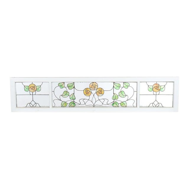 Arts & Crafts Stained Glass Transom Window With Stylized Yellow Roses C1920 For Sale