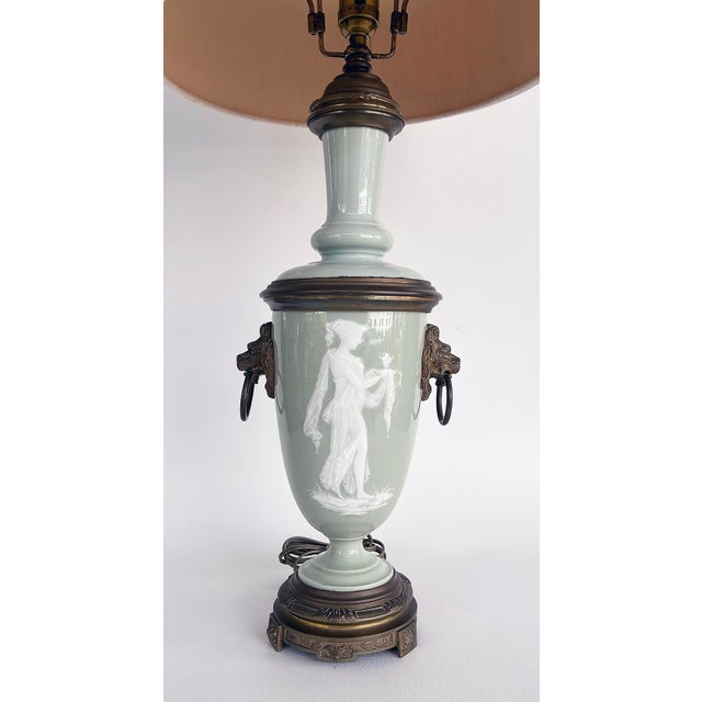 Late 19th Century French Celadon Pâte-Sur-Pâte Porcelain Lamps With Custom Shantung Silk Shades - a Pair For Sale - Image 14 of 18