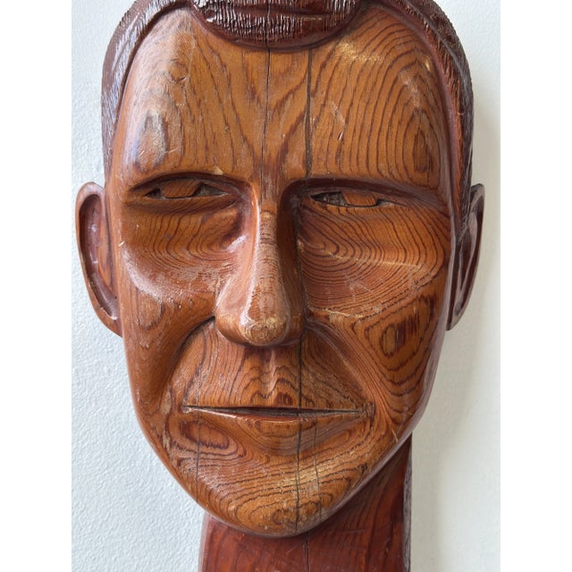 Brown Vintage Hand-Carved Male Bust Wall Hanging, Circa Mid 20th-Century For Sale - Image 8 of 13
