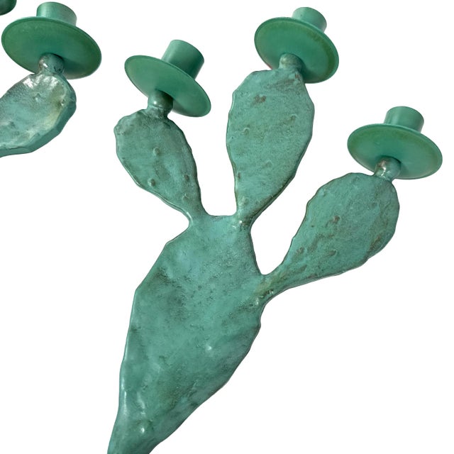 Vintage 1990s Pair of (2) Turquoise Prickly Pear Cactus Candelabras Metal Candle Stick Holders For Sale - Image 12 of 17