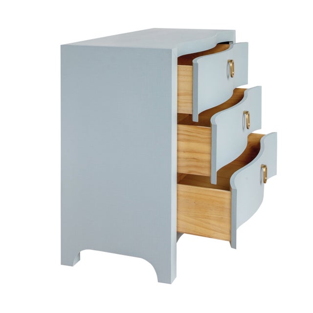 2020s Matthew Izzo Home Cora Light Blue Textured Linen Three Drawer Chest With Satin Brass Drawer Pulls For Sale - Image 5 of 9