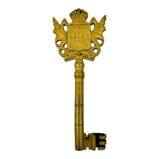 Extra Large 1950s Solid Bronze Gate Key Crown Crest European For Sale