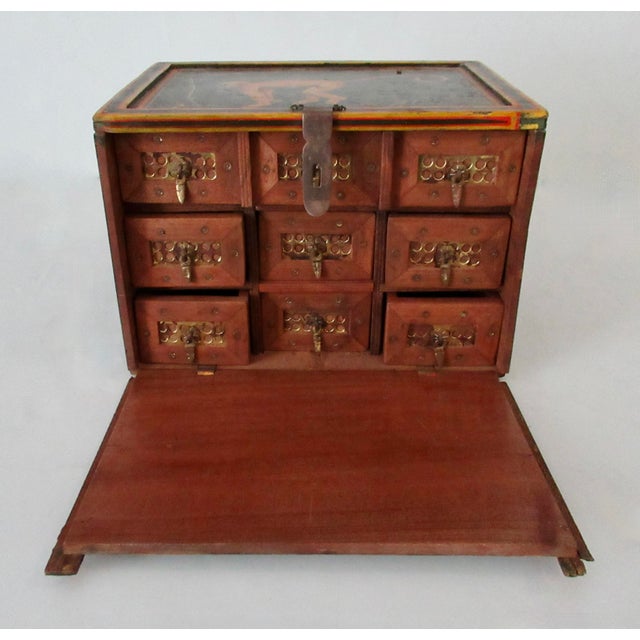 1970s Vintage Anglo-Indian Hand-Painted & Crafted Wood and Brass Apothecary and/or Storage Box For Sale - Image 5 of 18
