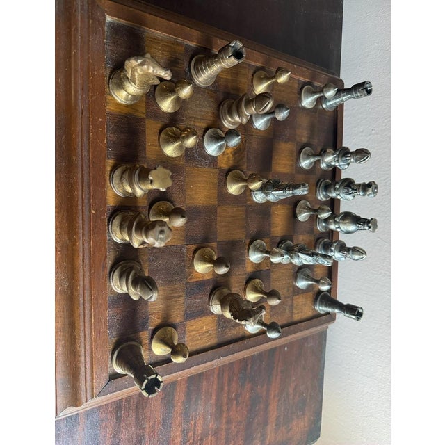 Brown Mid-Century Medieval-Style Cast Metal Chess Set With Hardwood Board and Hand-Carved Storage Box For Sale - Image 8 of 14