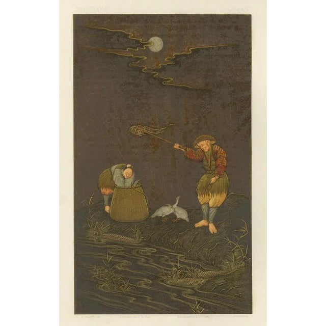 Title: moonlit fishing scene – plate iv from g. A. Audsley’s chromolithographic collection with japanese inspiration :...