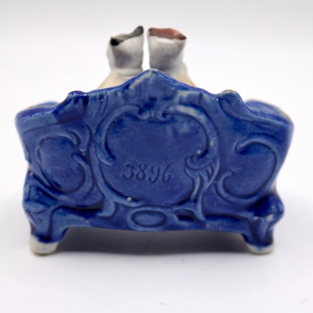 Late 19th Century Antique Late 19th Century German Porcelain Miniature Figurine – Two Cats on Blue & Gold Armchair, Mold No. 3896 For Sale - Image 5 of 11