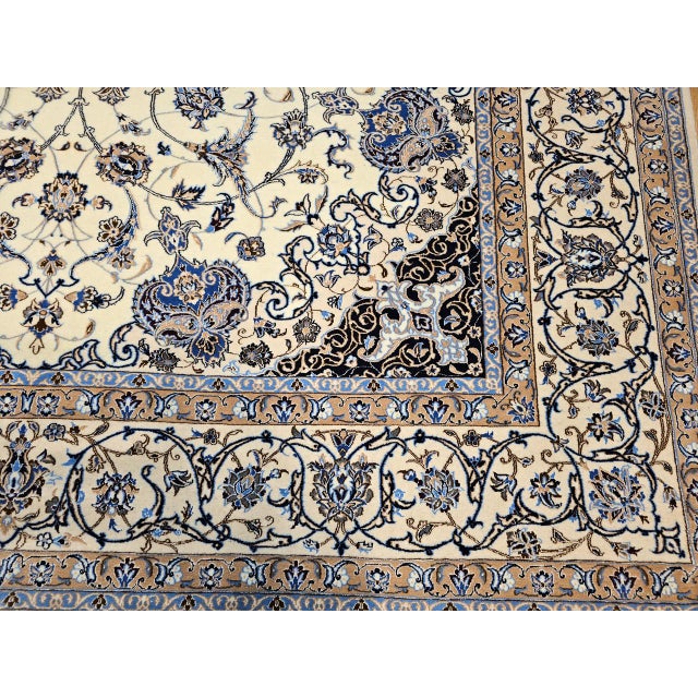 Vintage Exceptionally Fine Persian Nain Habibian Area Rug, Hand-Knotted Wool & Silk, Floral Pattern, 7x10, Ivory & Blue For Sale - Image 15 of 16