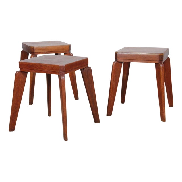Vintage Oak Stools, 1950s, Set of 3 For Sale