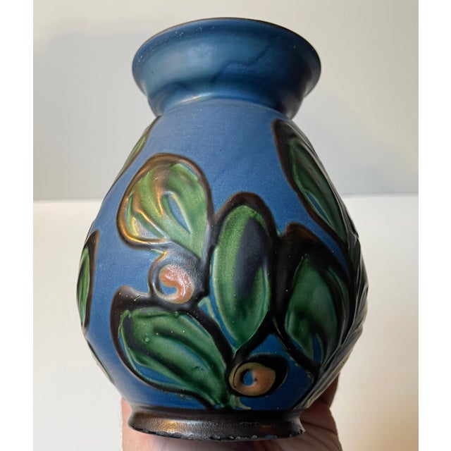 Art Deco Blue Glazed Vase with Flowers by Herman August Kähler For Sale - Image 3 of 8