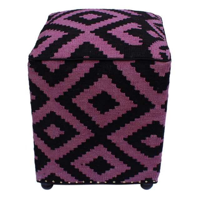 1990s Boho Chic Tribal Handmade Kilim Upholstered Ottoman For Sale In New York - Image 6 of 9
