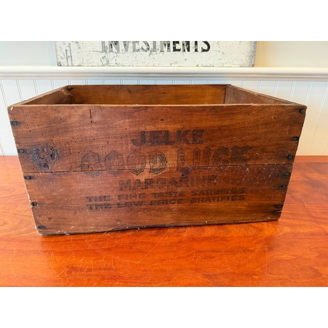 Antique Jelke "Good Luck" Margarine Advertising Wooden Crate – Primitive Country Store Box With Original Illinois Tax Labels For Sale - Image 14 of 14