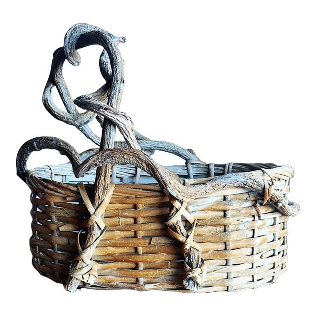 Vintage Twig Handle Basket Woven Oval For Sale
