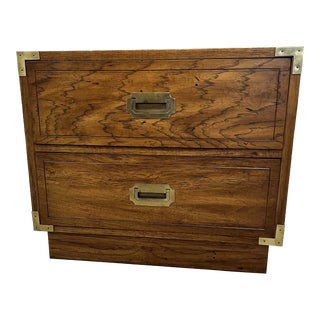 Mid Century Campaign Style Two Drawer Nightstand For Sale