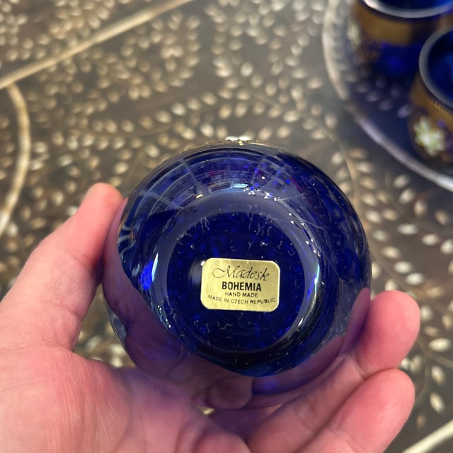 Madesk Bohemia Cobalt With Applied Gold Hand Made Drinking/ Cocktail Glasses 31 Pieces For Sale - Image 11 of 12