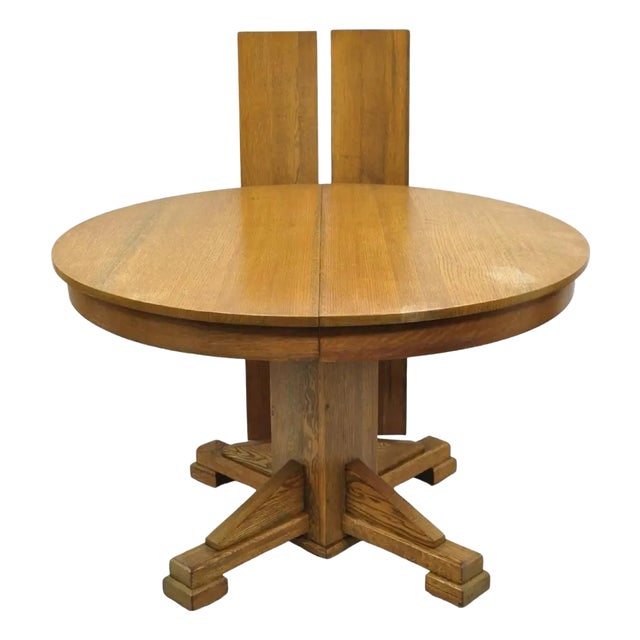 Antique Craftsman Mission Arts & Crafts Oak Wood Round Dining Table W/ 2 Leaves For Sale