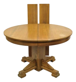 Antique Craftsman Mission Arts & Crafts Oak Wood Round Dining Table W/ 2 Leaves