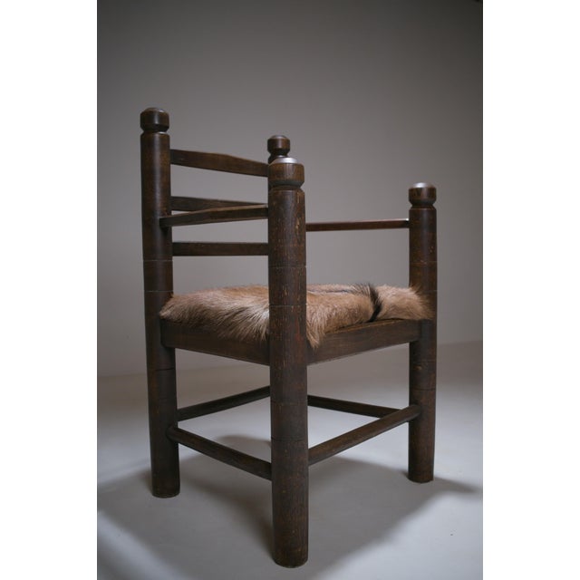 Rustic Modernist French Armchair in Stained Oak and Animal Hide, 1950 For Sale - Image 13 of 18